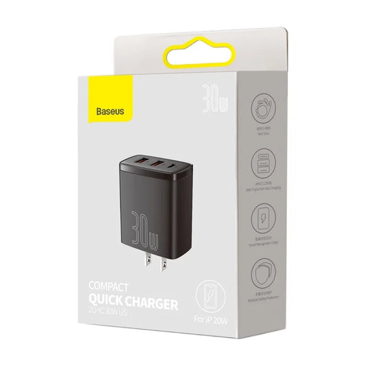 BASEUS Compact Quick Charger 2U+C Three Ports 30W Travel Power Adapter CN Plug – Black CCXJ-C01