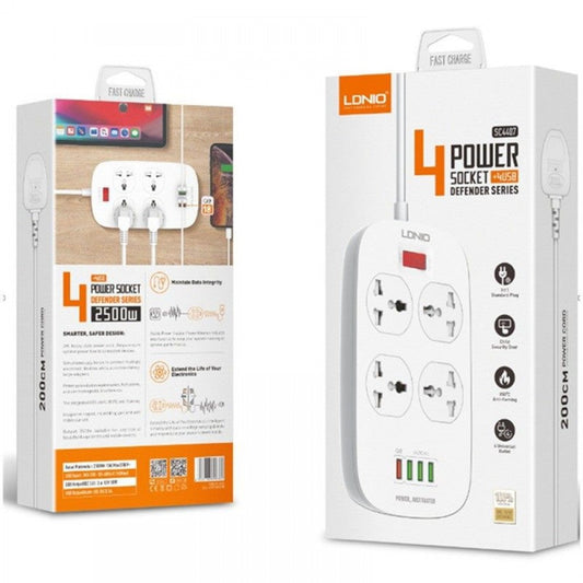 LDNIO SC4407 2500W Defender Series Extension With 4 Power Sockets and 4 USB Ports