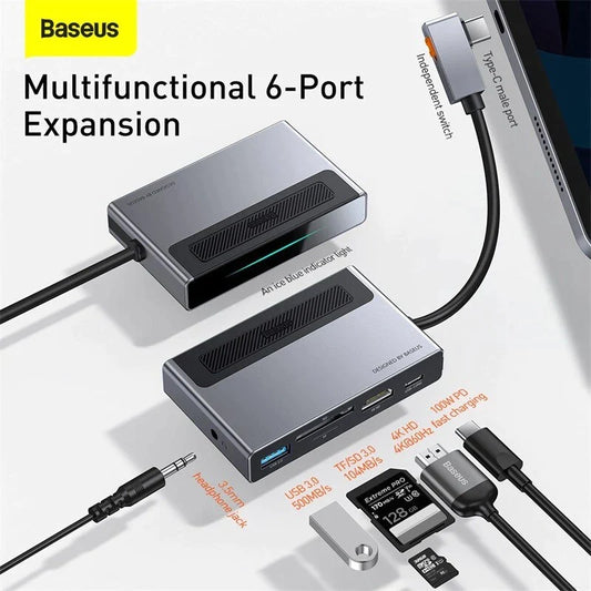 BASEUS Magic Multifunctional 6 Ports Type-C Expansion Hub with Retractable Clip – Grey CAHUB-DA0G