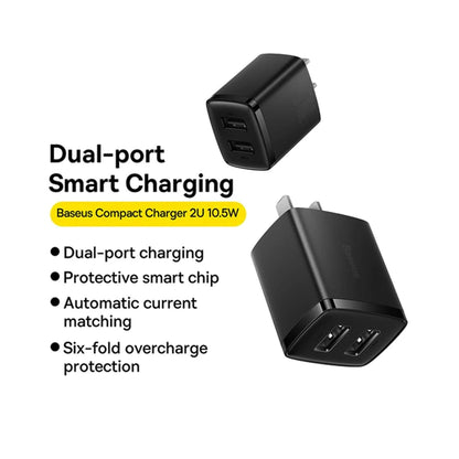 BASEUS 2U 10.5W Compact Charger Portable Mini Wall Charger Block with Dual USB Ports (CN Plug) - Black