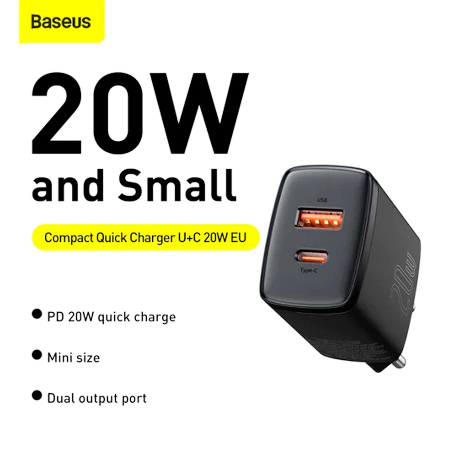 Baseus 20W Compact Quick Charger U+C Dual Port - Black