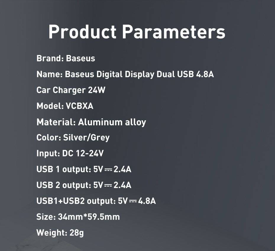 Baseus Digital Display Dual USB 4.8A Car Charger 24W Grey